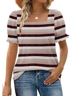 Women's 2 Multicolor 3 Square Neck Top Summer Casual Ruffle Trim Sleeve T Shirt